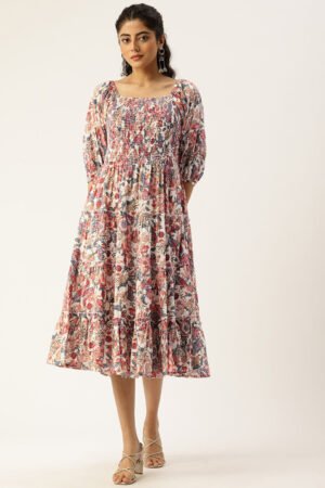 Multi Floral Printed Cuffed Sleeves Dress