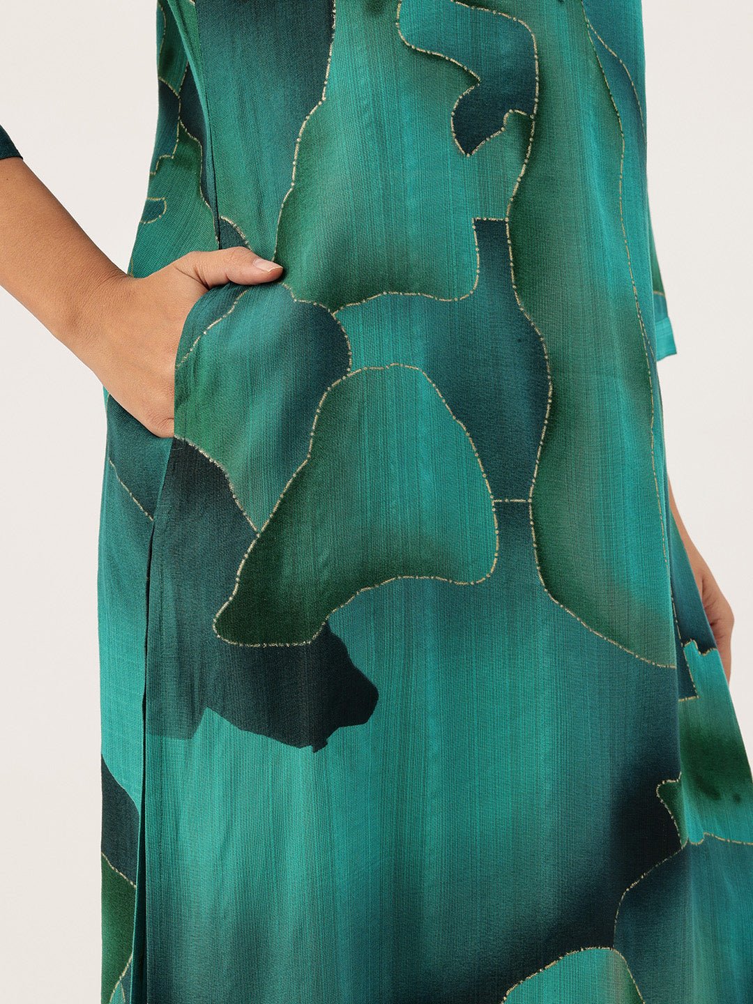 Teal Abstract Printed Mandarin Collar Kurta - Image 3