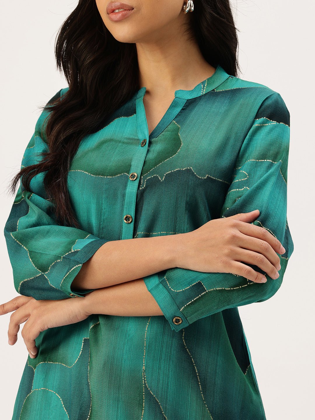 Teal Abstract Printed Mandarin Collar Kurta - Image 2