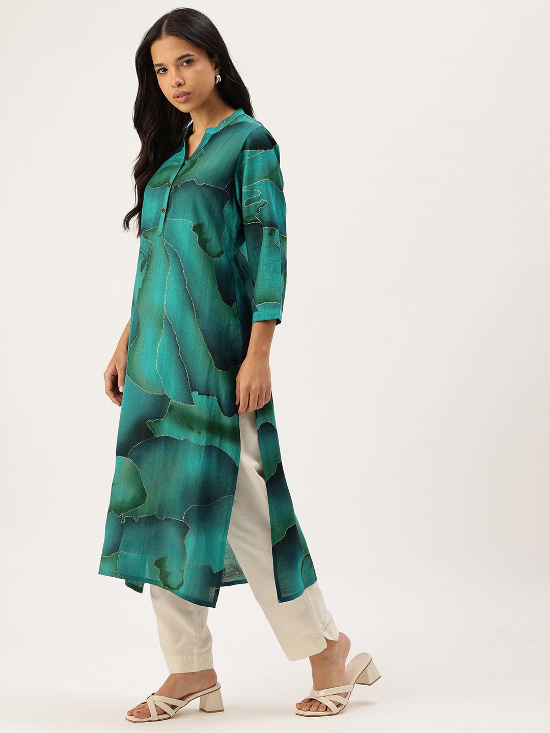 Teal Abstract Printed Mandarin Collar Kurta - Image 4