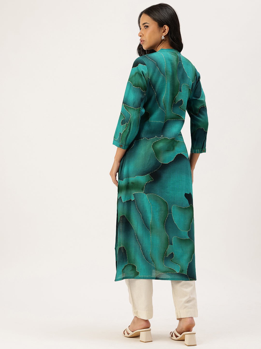Teal Abstract Printed Mandarin Collar Kurta - Image 5