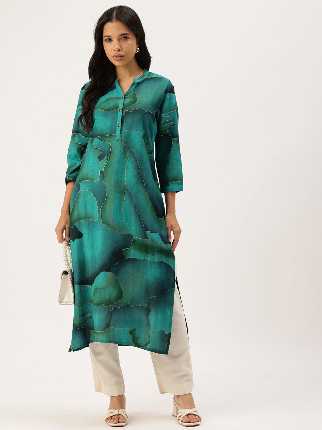Teal Abstract Printed Mandarin Collar Kurta - Image 6