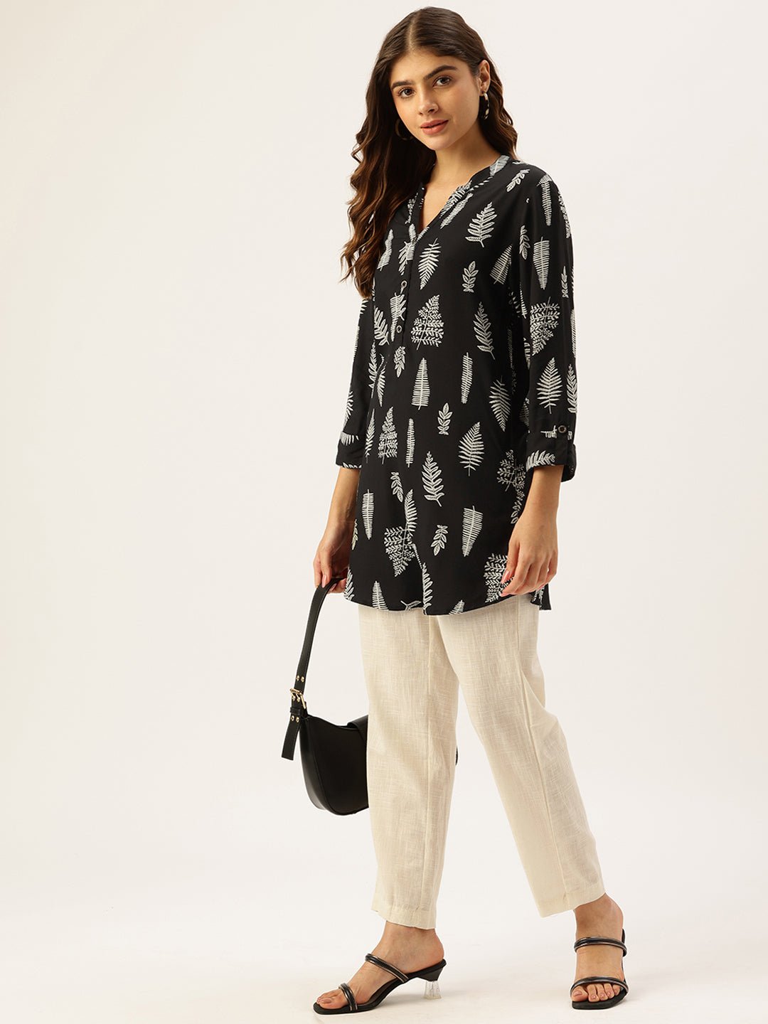 Black Tree Printed Mandarin Collar Tunic - Image 6