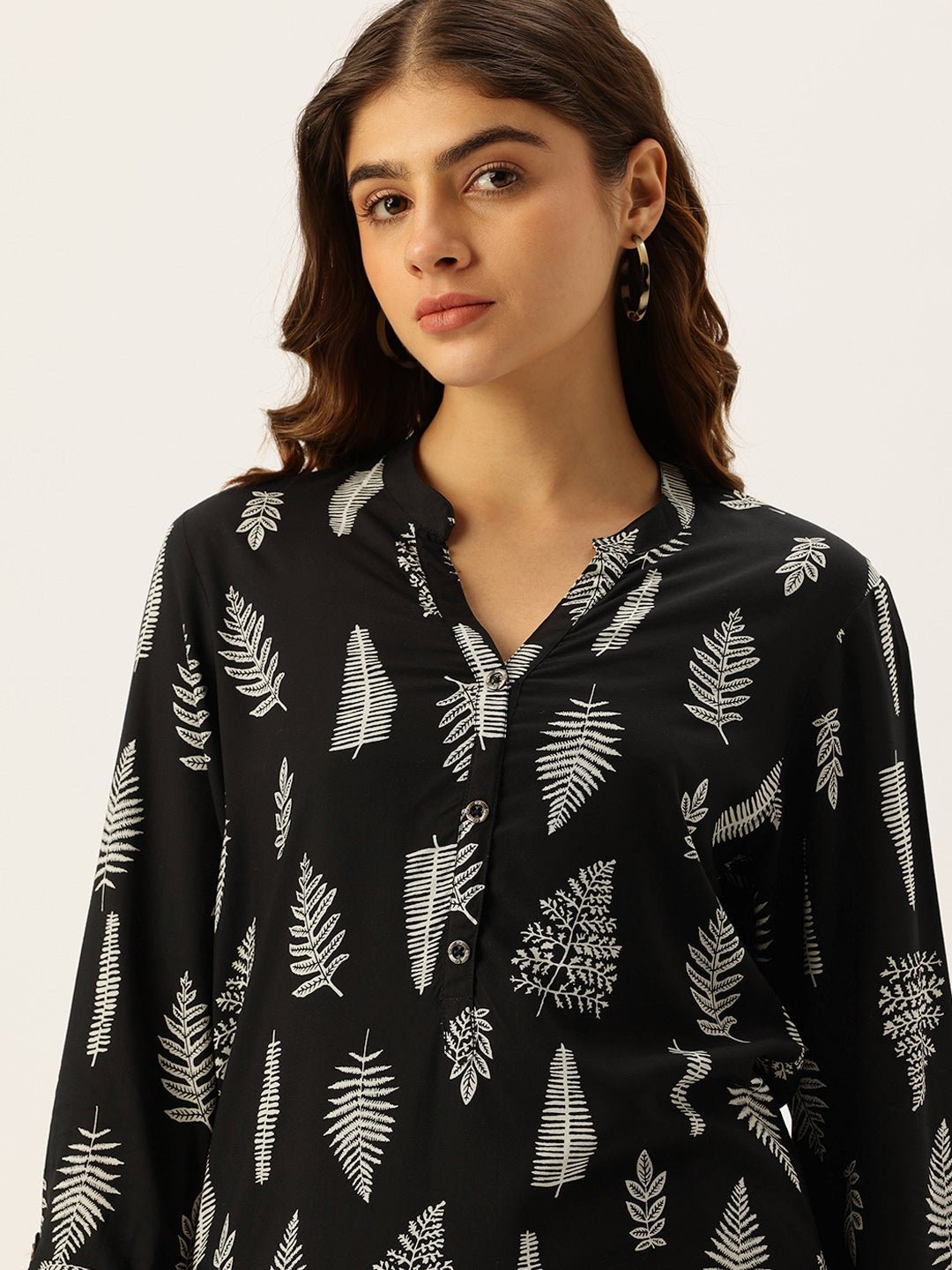 Black Tree Printed Mandarin Collar Tunic - Image 2
