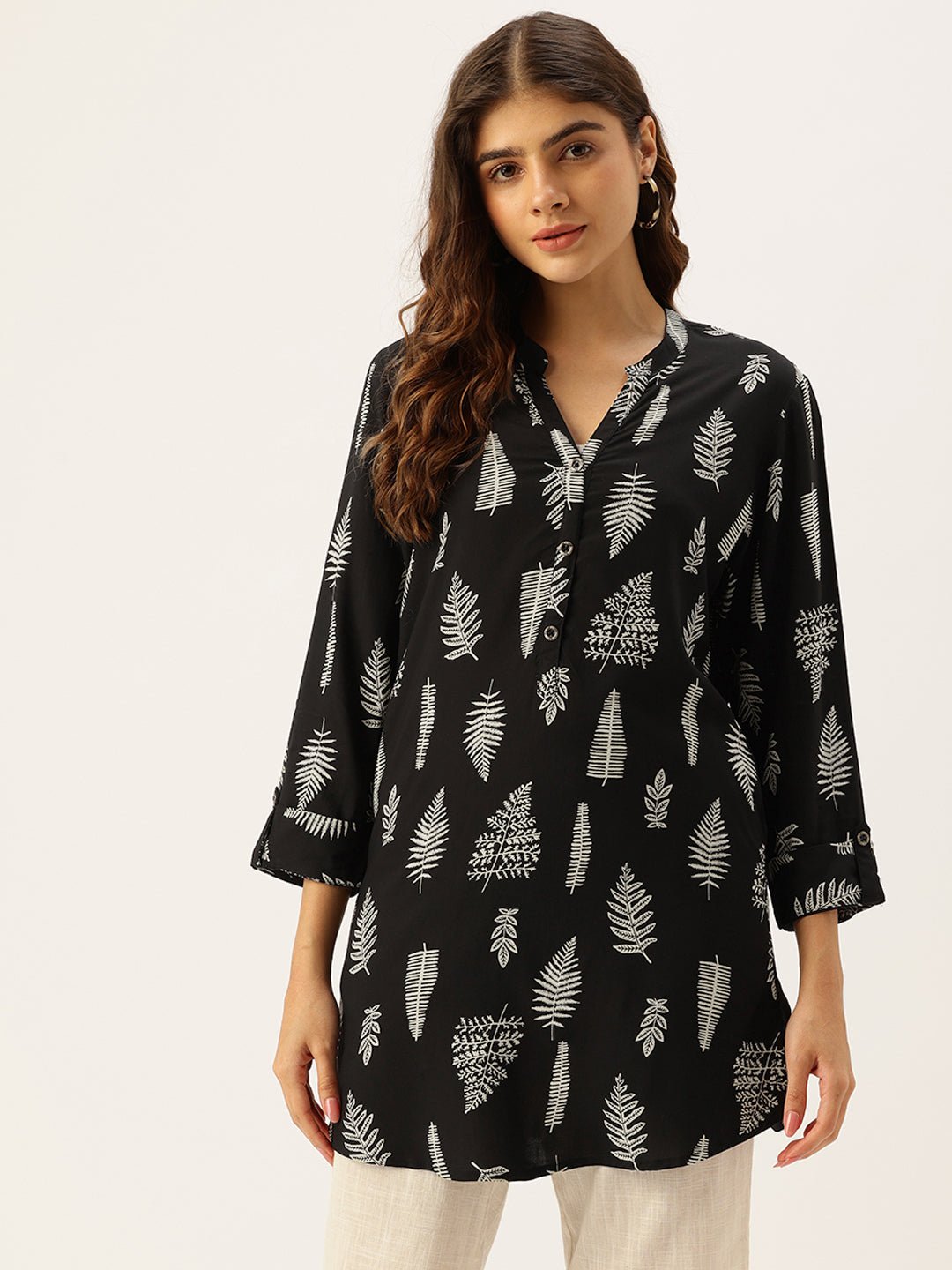 Black Tree Printed Mandarin Collar Tunic - Image 3