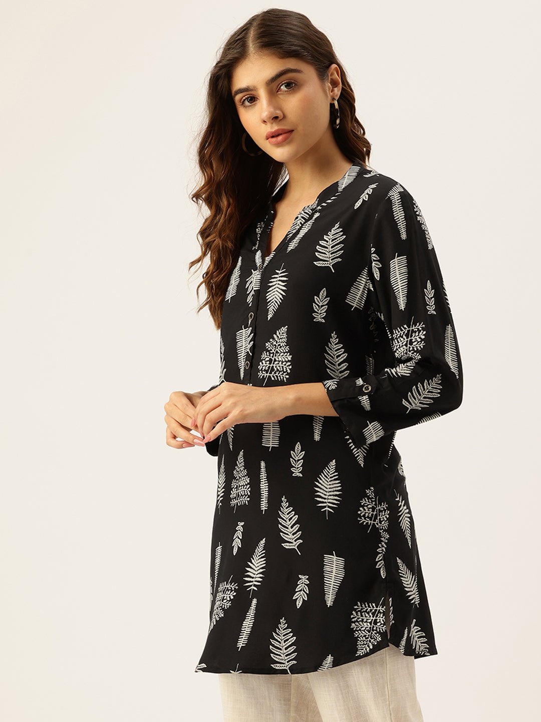 Black Tree Printed Mandarin Collar Tunic - Image 4