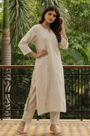 Beige Floral Embroidered Kurta