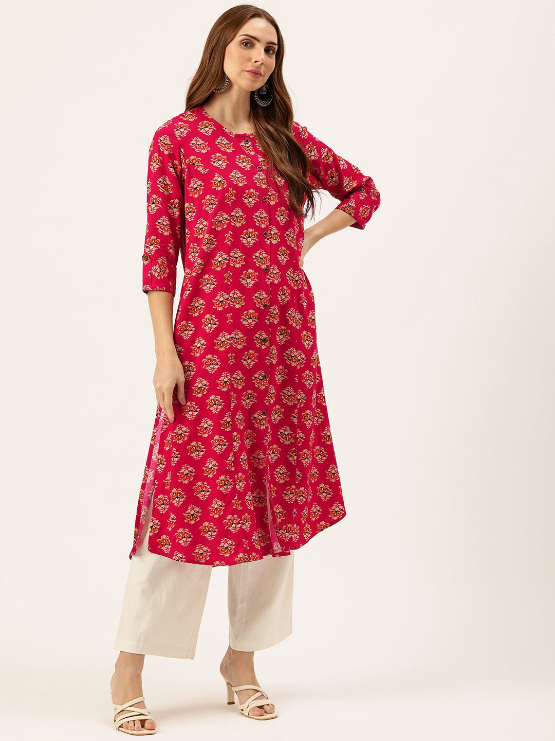 Fuschia Floral Printed Roll-Up Sleeves A-Line Kurta - Image 4
