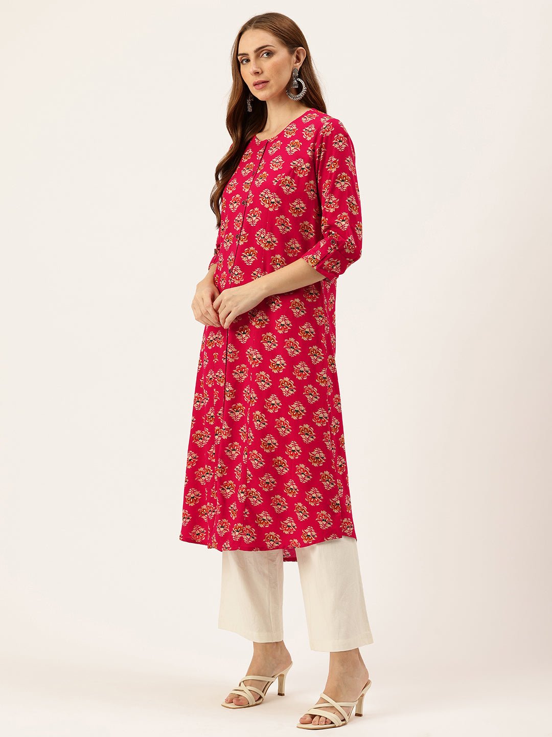 Fuschia Floral Printed Roll-Up Sleeves A-Line Kurta - Image 5