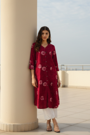 Wine Geometric Dyed V-Neck Straight Kurta