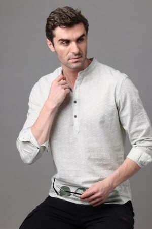 Men's Green Cotton Linen Slim Fit Kurta Shirt