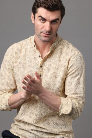 Men's Light Yellow Cotton Linen Slim Fit Kurta Shirt
