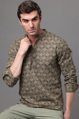 Men's Olive Cotton Linen Slim Fit Kurta Shirt